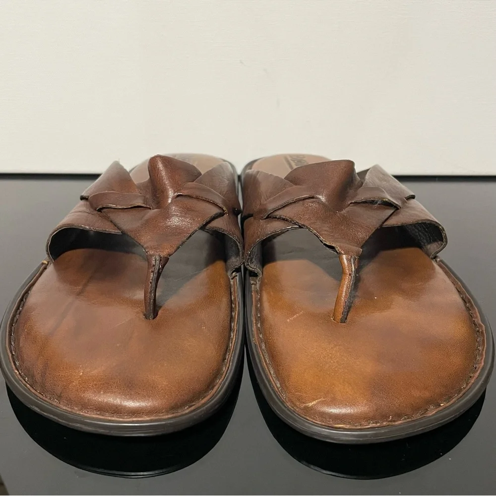 Born Men's 11 Dark Brown Leather Flip-Flops Sandals Crisscross Strap Handcrafted - Picture 5 of 10